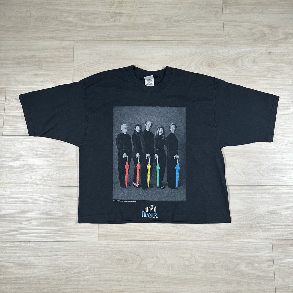 Vintage Frasier Cast Rainbow Umbrellas Promo Shirt Large Crop Black Cotton 1996